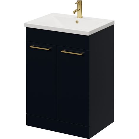 Napoli 460 Deep Blue 600mm 2 Door Vanity Unit with Glide Basin - 600mm - Brushed Brass 160mm Handle