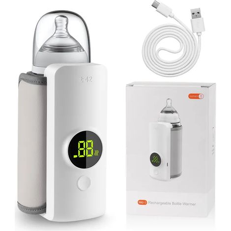 Chauffe-biberon portable avec écran LCD – Batterie 6 000 mAh, 6 températures de 37 à 55 °C, chauffage sans eau, maintien au chaud jusqu'à 48 h, rechargeable USB, idéal voyage bébé (blanc) (1/5)