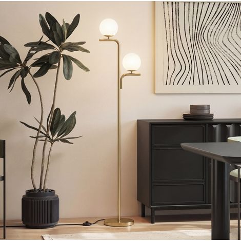 Lampadaire LED moderne doré à double tête avec abat-jour en verre (1/5)
