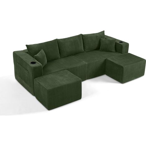 Sofá rinconero modular de 3 plazas en tejido de pana verde con reposabrazos y cojines (1/5)