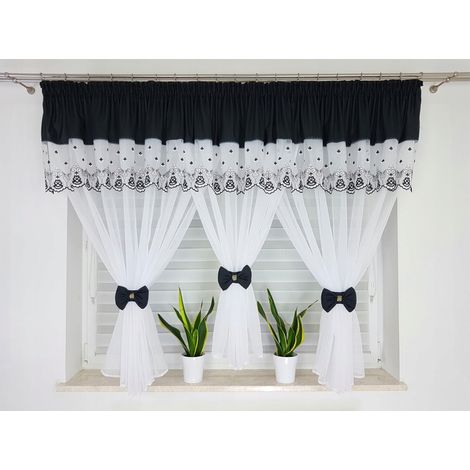 Tenda ricamata decorata con graziosi fiocchi - nera (1/5)
