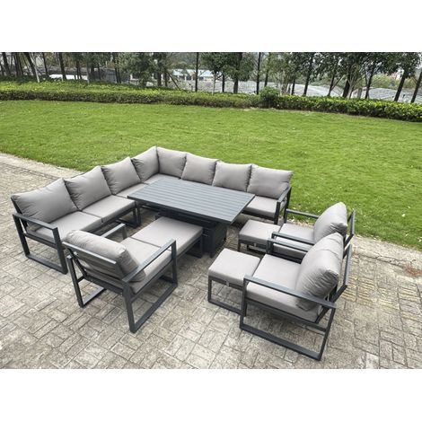 Fimous L-shaped Garden Furniture Set 13-Seater Aluminium Outdoor Dining Set with Adjustable Rising Lifting Dining Table 3 Footstools 3 Chairs Dark Grey (1/5)
