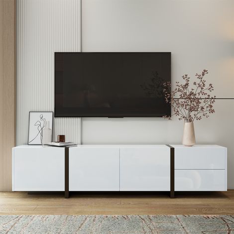 Mueble TV 170x30x39 cm, con iluminación LED y gran espacio de almacenaje para salón, acabado brillante moderno con 3 puertas y 1 cajón, blanco y negro (1/5)