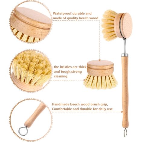 Brosse à vaisselle avec manche en bois de hêtre et 2 têtes de rechange, brosse en bois naturel pour laver et nettoyer les casseroles et les poêles. (1/5)