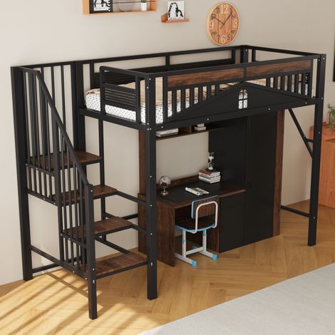 Lit mezzanine 255/95/170 cm noir en métal et bois avec échelle sécurisée et rangements (1/5)