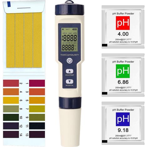 5-in-1 Professionelles Multiparameter-Kombimessgerät: pH-Wert/EC/TDS/Salzgehalt/Thermometer (digital)