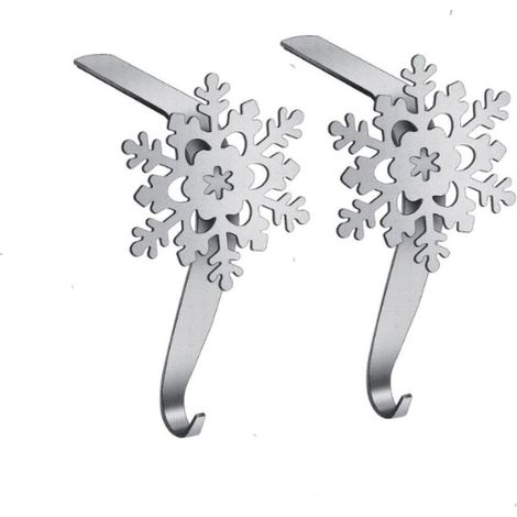 (Argent) Lot de 2 supports de chaussettes de Noël en forme de flocon de neige, crochets métalliques lestés pour cheminée. (1/5)