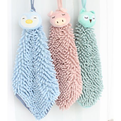 Ensemble de 3 serviettes suspendues en chenille douce et moelleuse, ornées de jolis motifs de hiboux et de pingouins. (1/5)
