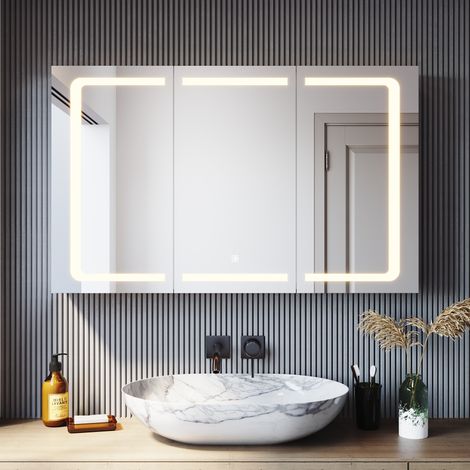 SONNI LED Spiegelschrank Badezimmerspiegel mit Beleuchtung 3-türig Badschrank mit Steckdose 105x65cm (3 Einstellbare Lichtfarben und Drahtloses Scharnier)