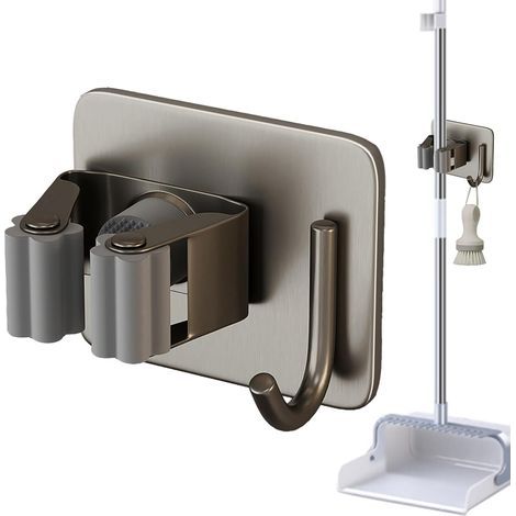 Support Mural pour Porte-Balai,Pince à Balai en Acier Inoxydable - Support Autocollant pour Balai et Pelle à poussière, pour Salle de Bain, Cuisine (1/5)