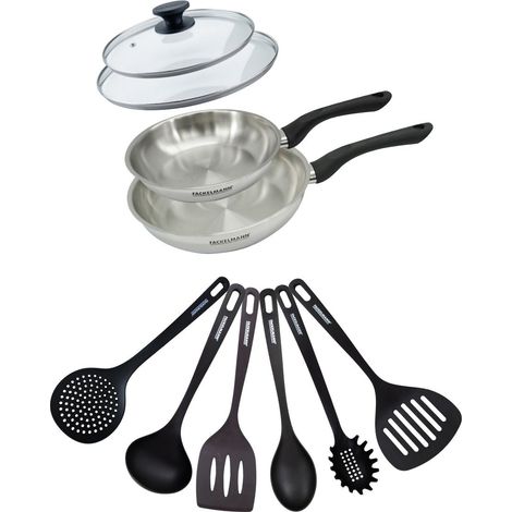 Set 2 poêles 20 et 24 cm en inox, couvercles verre et 6 ustensiles Fackelmann Geneva (1/5)