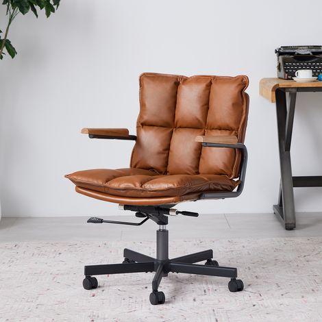 Sedia da scrivania per home office, sedia ergonomica in pelle con ruote e braccioli in rovere, sedia girevole regolabile in altezza per dirigenti (1/5)