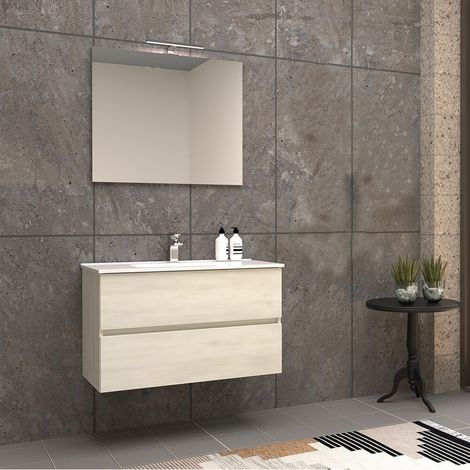 Mobile per bagno 90 cm bianco larice sospeso doppio cassetto Mod. Roxy  senza specchio e senza colonna (1/5)