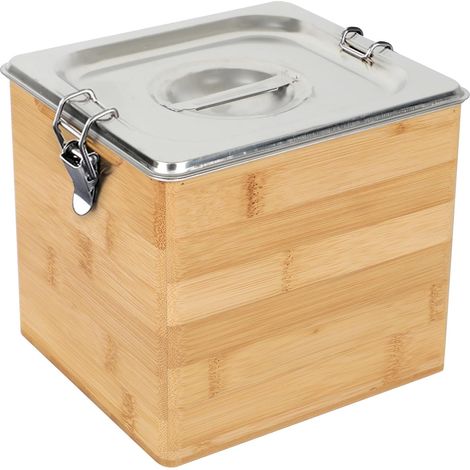 Poubelle à compost de cuisine en acier inoxydable avec couvercle et boîte en bois, anti-odeur, passe au lave-vaisselle, poubelle pour déchets biologiques (3 l) (1/5)