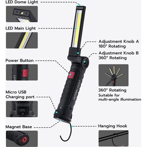Luce da lavoro, luce da lavoro LED COB ricaricabile ultra luminosa con base magnetica, 5 modalità, per garage, campeggio, emergenza, ecc. - Confezione da 2 - Grande [Classe energetica A] (1/4)