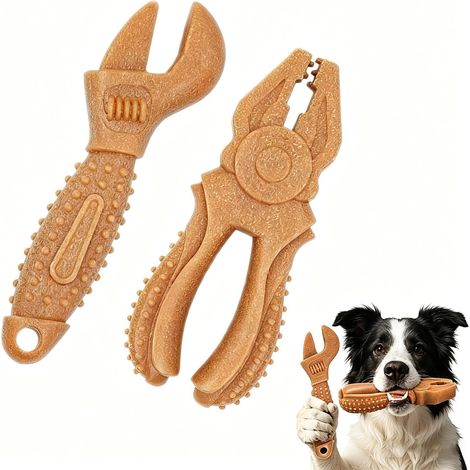 Jouets à mâcher pour chien bois pin nylon alimentaire résistant pour chiens moyen grand forme outil nettoyage dentaire marron 2 pièces
