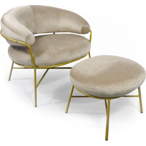 Fauteuil + pouf Nanty Velours Taupe Pieds Or