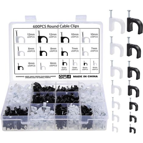 600 pièces Clips Câble avec Clou Rond Cavalier Cable Electrique Blanc Noir Attache Cable Clou 4mm 5mm 6mm 7mm 8mm 10mm 12mm pour La Fixation de Câble de Bureau à Domicile (1/5)