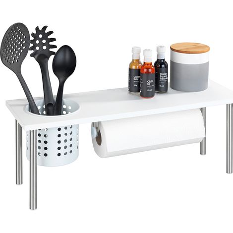 WENKO Organizzatore da cucina, scaffale per lavello con portarotolo e porta utensili, acciaio inox/MDF, 55x21x18 cm, Bianco (1/5)