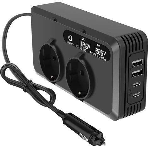 200 W Convertisseur de tension pour voiture, onduleur DC 12 V, adaptateur prise allume-cigare, avec 2 prises et 2 ports USB + 2 connexions de type C, charge rapide, chargeur pour voiture, pour voyages