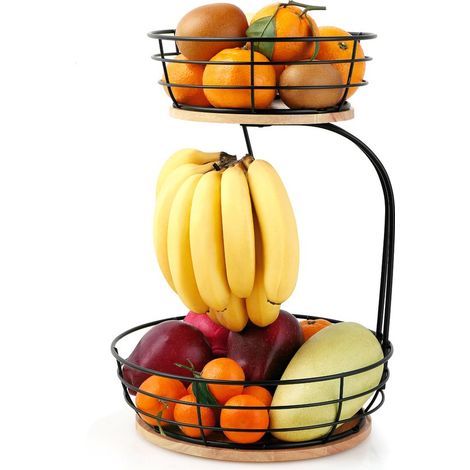 Corbeille à fruits 2 étages - Avec crochet à bananes - Bois et métal - Noire - Étagère à fruits (1/5)