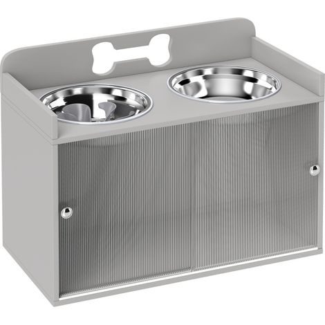 Stazione rialzata per cani con 2 ciotole e armadietto, MDF e acciaio inox, grigia (1/5)