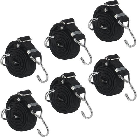 Set of 6 Elastic Bungee Cords with Hooks, 2m x 3cm, Black, Adjustable, Flat, for Hand Trucks, Luggage Racks, Bicycles, Motorcycles