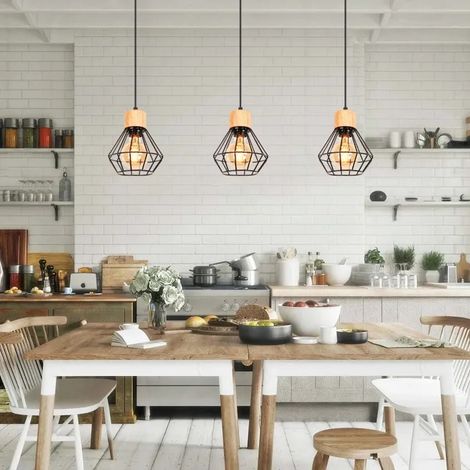 Lot de 3 Suspension Luminaire Industriel Vintage Lustre Abat-jour en Bois Métal Lmape de Plafond Réglable pour Salon Chambre (1/5)