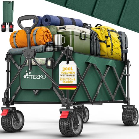 TRESKO® Bollerwagen faltbar 300L mit Bremse Grün Handwagen klappbar 150kg inkl. Vollgummireifen Faltbarer Strandwagen mit Extra Breite All-Terrain-Räder Gartenwagen Transportwagen mit Tragetasche