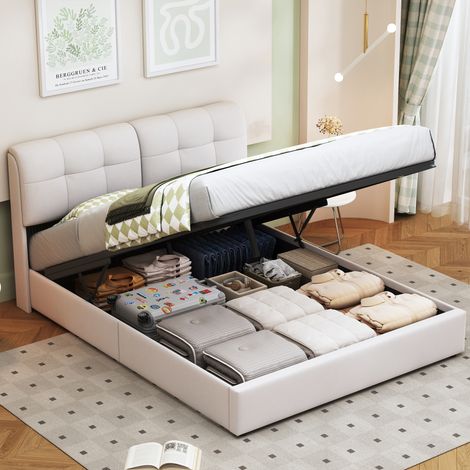 Fortuna Lai – Lit coffre 160x200 cm – Tête de lit LED motif carré – Sommier à lattes en flanelle beige – Rangement sous le lit