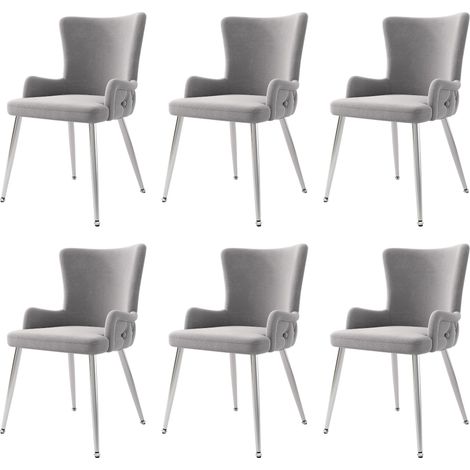 Juego de 6 sillas de comedor minimalistas modernas de terciopelo gris con cuatro patas de metal plateado, ideales para oficina en casa, sala de estar y dormitorio. (1/5)