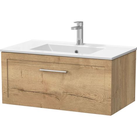 Stonnall Traditional Wall Hung 1 Drawer Vanity Unit with Minimalist Ceramic Basin, 800mm, Autumn Oak