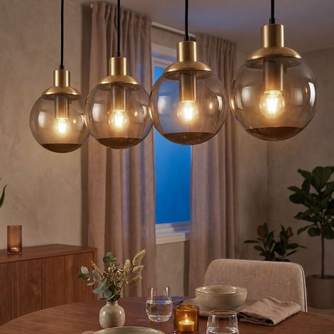 Lampada a sospensione a LED in vetro moderna luce a sospensione in vetro fumé nero, 4 sfere di vetro in metallo a fiamma in ottone retrò, 4x 6,5W 806Lm bianco caldo, LxLxH 75x15x110cm (1/5)