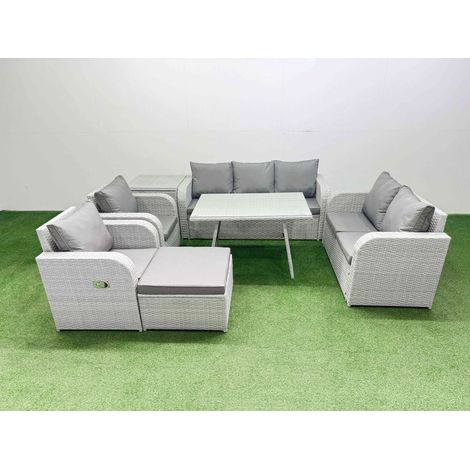 Fimous PE Rattan Garden Furniture Set Outdoor Rectangular Dining Table Sofa Set with Reclining Chair Big Stool Side Table Light Grey (1/4)