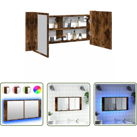 The Living Store LED-Spiegelschrank Räuchereiche 100x12x45 cm - LED-Spiegelschrank - Badezimmerspiegel - Holzwerkstoffschrank - Rauchfarben Möbel - RGB Beleuchtung (1/5)