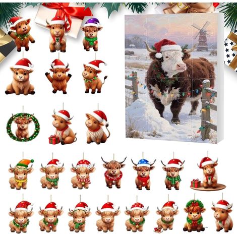 Calendrier De L'Avent Compte À Rebours Vache Noël 2025 - Ornement En Acrylique 2D Compteur À Rebours 24 Jours Charme Animal Vache Des Highlands - pour Famille Maison Arbre Fête Fenêtre (1/5)