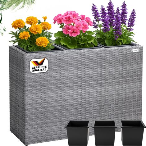 CASARIA® Large Tall Rattan Flower Pot Planter 3 Removable Inner Plant Pots With Water Drain Poly Rattan Trough Flower Box Planters Outdoor Garden 83x30.5x60 cm Grey (1/5)