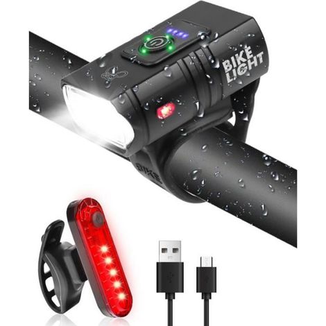Feu Avant Et Arriere Pour Velo - 1500 Lumen - Alimentation Batterie - Montage Tige De Selle - IPX5 - Noir - Lot De 2 (1/5)