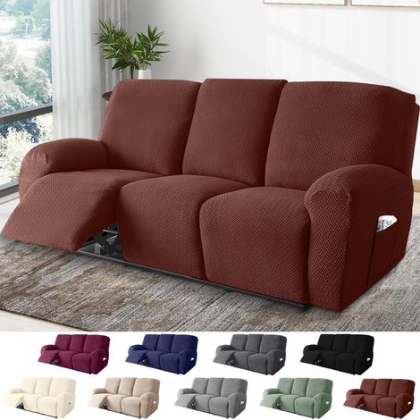 3-Sitzer Sessel Überzug, Sesselbezuge Stretch mit Taschen, All-Inclusive Streifen-Jacquard Sesselschoner für Fernsehsessel Relaxsessel Sesselhusse (Dunkelbraun, 8-Teilig)