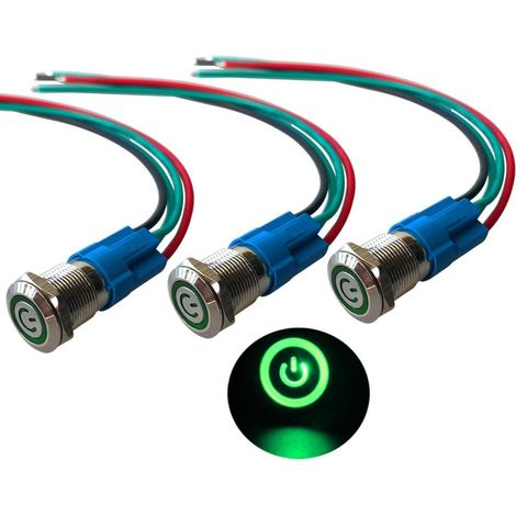 3Pcs 12V / 24V 3A Interrupteur à Bouton-Poussoir Auto-Bloquant, Commutateur Bouton-Poussoir 12mm, Vert LED Interrupteur Etanche IP66 avec Fil de Prise de Courant (1/5)