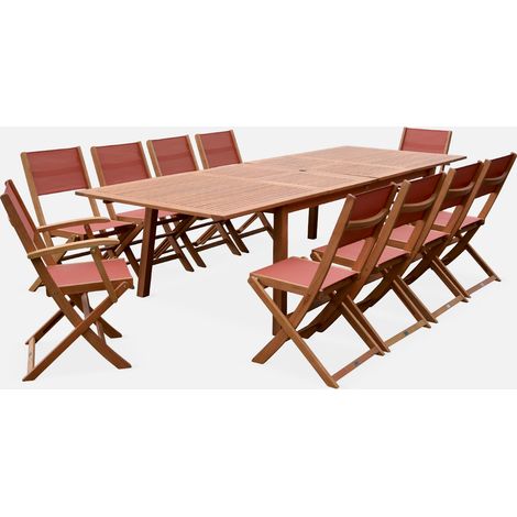 Set tavolo da giardino estensibile in legno con 10 sedie
