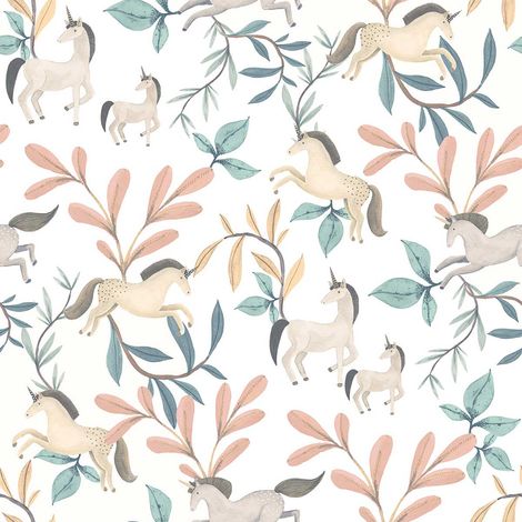 Papier peint licornes et feuillages pastel enfant (1/2)
