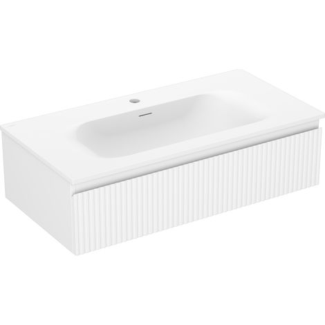 Mexen Rivel Badezimmerunterschrank 90 cm mit Waschbecken Vela, 1 Schublade, geriffelt, weiß matt - 91A20-09023-1-BF01-W23M01