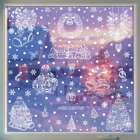 Autocollants de Noël, traîneau, boîte cadeau, autocollants pour vitres, flocons de neige blancs, sapin de Noël, autocollants électrostatiques, décorations de fenêtre, autocollants pour fenêtres.