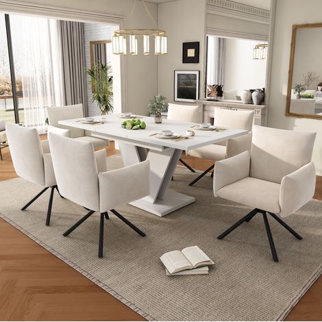 Set tavolo e sedie da pranzo 120/160x80 cm bianco con 6 sedie beige (1/5)
