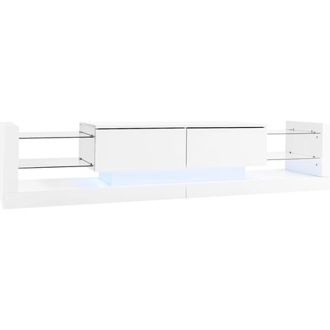 Meuble TV blanc laqué avec éclairage LED, 181 cm pour téléviseurs jusqu'à 80 pouces, façade en verre, deux tiroirs rabattables (1/5)