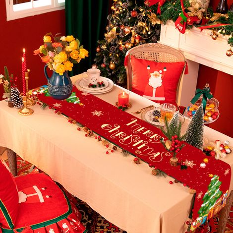 Christmas tablecloth, Christmas table runner, Christmas tree themed tablecloth, red background, 180×35 cm, holiday decoration, restaurant (1/4)