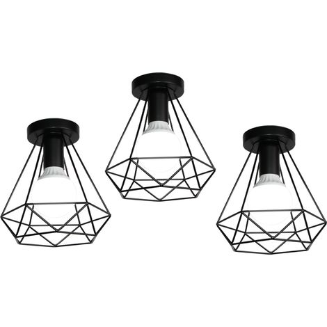 Ceiling Lamp Vintage, Ø20cm Metal Ceiling Light, Industrial Chandelier with Diamond Lampshade for Living Room Hallway (Black) 3PCS