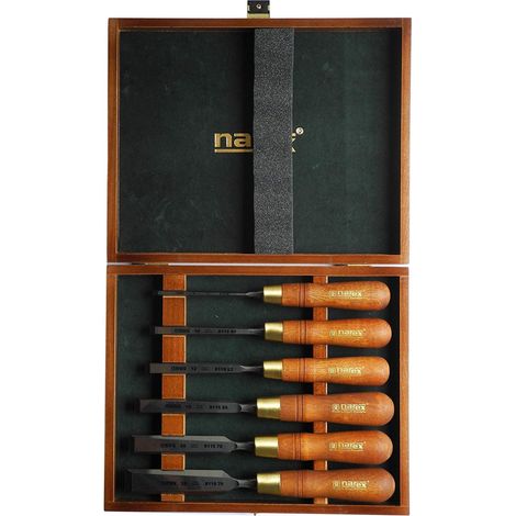 Lot de 6 - Burin à bois - Acier Cr-Mn - Travail du bois professionnel - Poignée ergonomique en bois - Naturel - 6 mm à 26 mm (1/3)