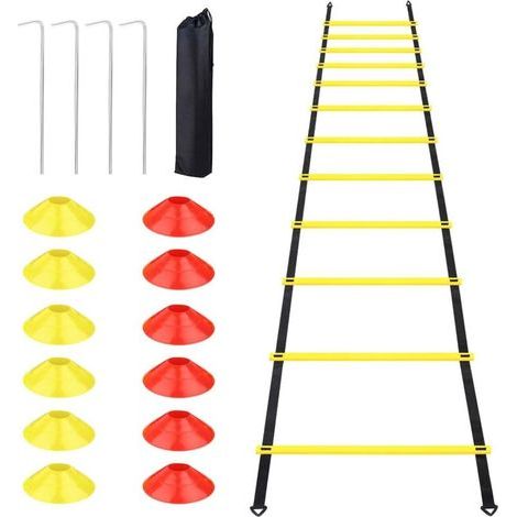 Accessoires d'entraînement de Football, Échelle d'agilité 6 m-12 échelons, échelle de Coordination échelle d'entraînement, Agility Speed Échelle avec 12 cônes 4 poteaux pour Le Football (1/4)